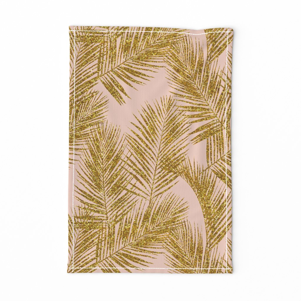 gold glitter palm leaves - blush, large. silhuettes faux gold imitation tropical forest blush background hot summer palm plant leaves shimmering metal effect texture fabric wallpaper giftwrap