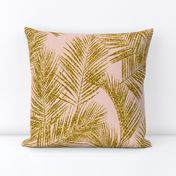 gold glitter palm leaves - blush, large. silhuettes faux gold imitation tropical forest blush background hot summer palm plant leaves shimmering metal effect texture fabric wallpaper giftwrap