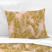 gold glitter palm leaves - blush, large. silhuettes faux gold imitation tropical forest blush background hot summer palm plant leaves shimmering metal effect texture fabric wallpaper giftwrap