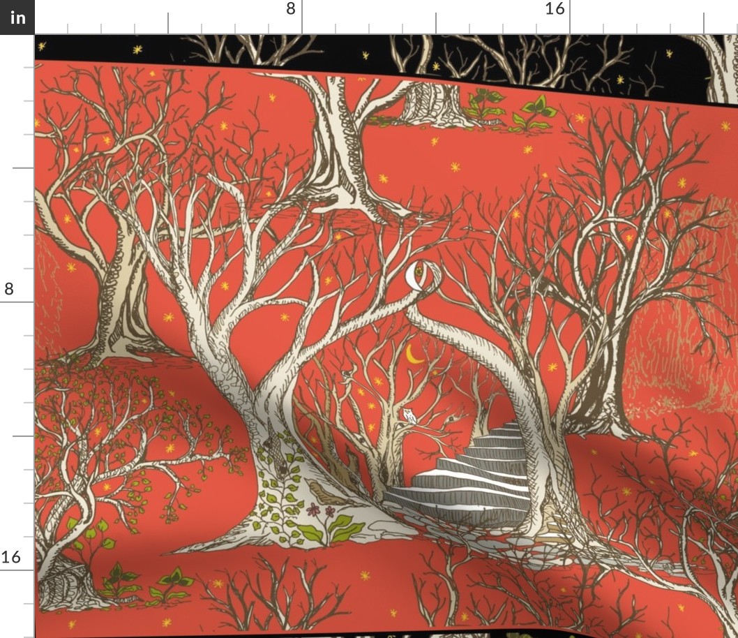 Spooky Trees in the Forests of Flame and Deep Black Midnight - 4 X Fat Quarters Panels