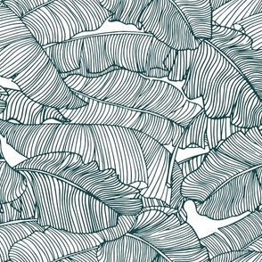 Banana Leaves - Teal Blue Outlines, 12inx10.86in repeat scale