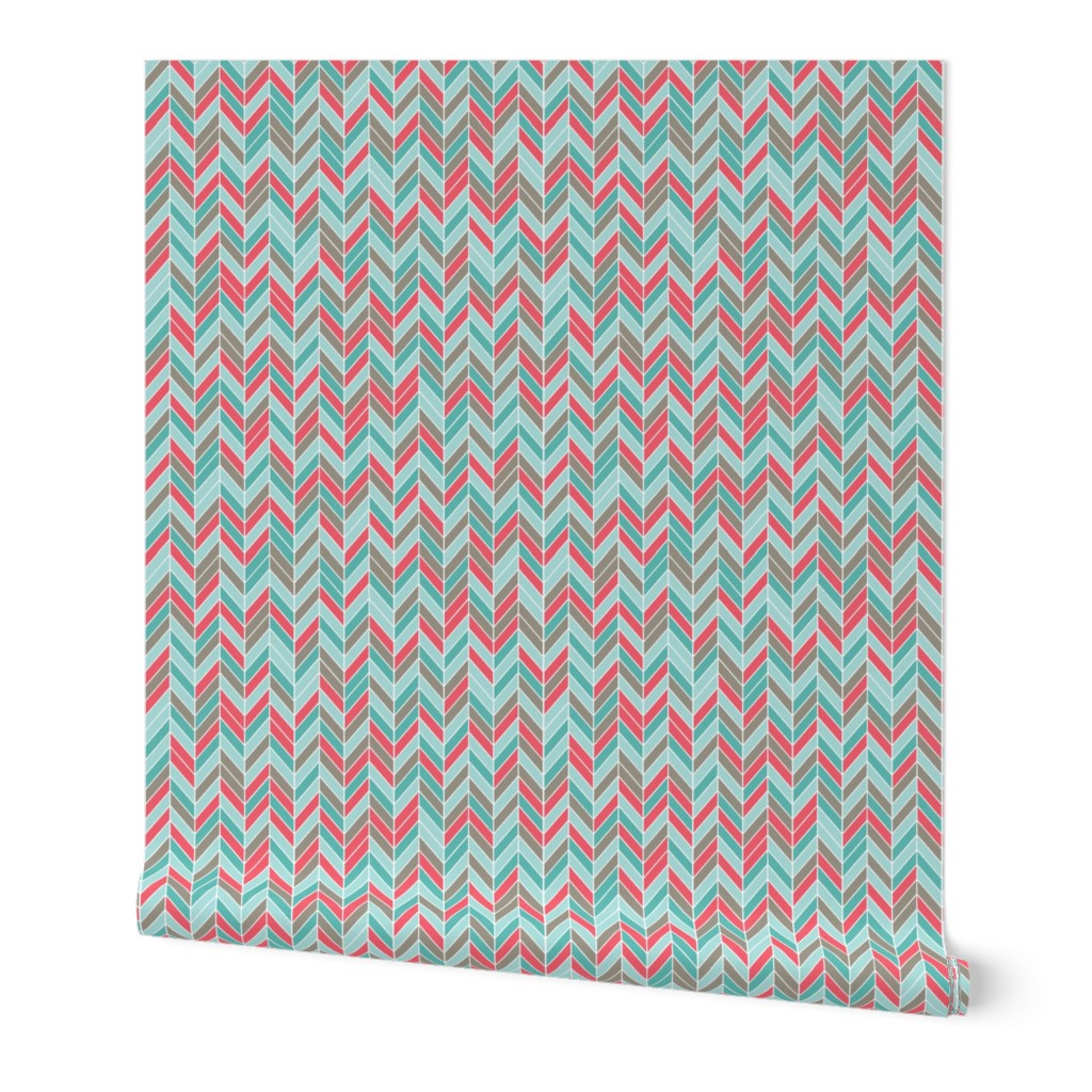 herringbone in red, teal, gray