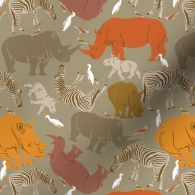 Rhinos and Zebras on Gray