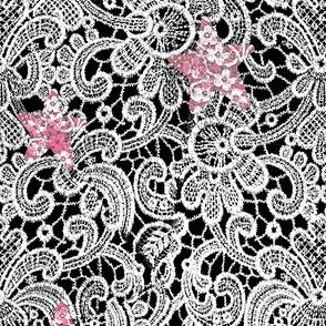 White Lace on Black with Pink Stars