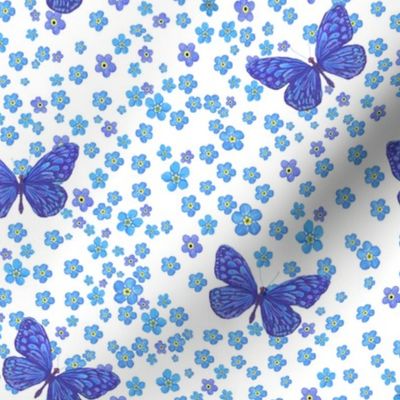 Watercolor Forgetmenot Blue Butterflies 
