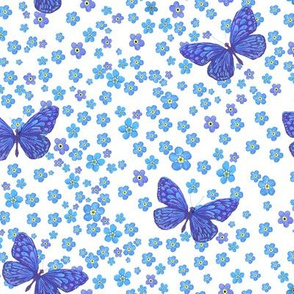 Watercolor Forgetmenot Blue Butterflies 