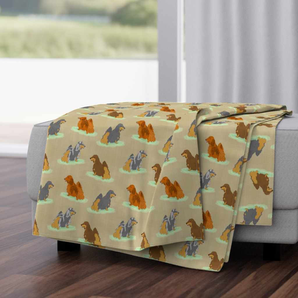 Standing Longhaired Dachshunds - tan linen