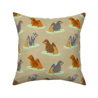 Standing Longhaired Dachshunds - tan linen