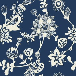 Ecru floral doodles on navy blue background 