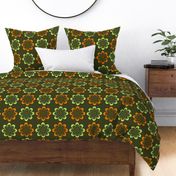 Retro orange-green floral pattern on an olive-green backdrop.