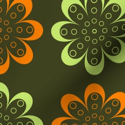 Retro orange-green floral pattern on an olive-green backdrop.