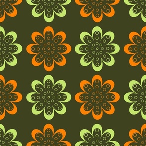 Retro orange-green floral pattern on an olive-green backdrop.