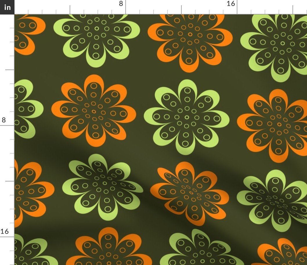 Retro orange-green floral pattern on an olive-green backdrop.