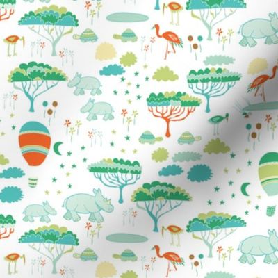 Rhino Safari  || Hand Drawn Rhinos, Flamingos and tortoise on White by Sarah Price Small Scale