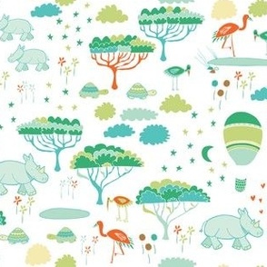 Rhino Safari  || Hand Drawn Rhinos, Flamingos and tortoise on White by Sarah Price Small Scale