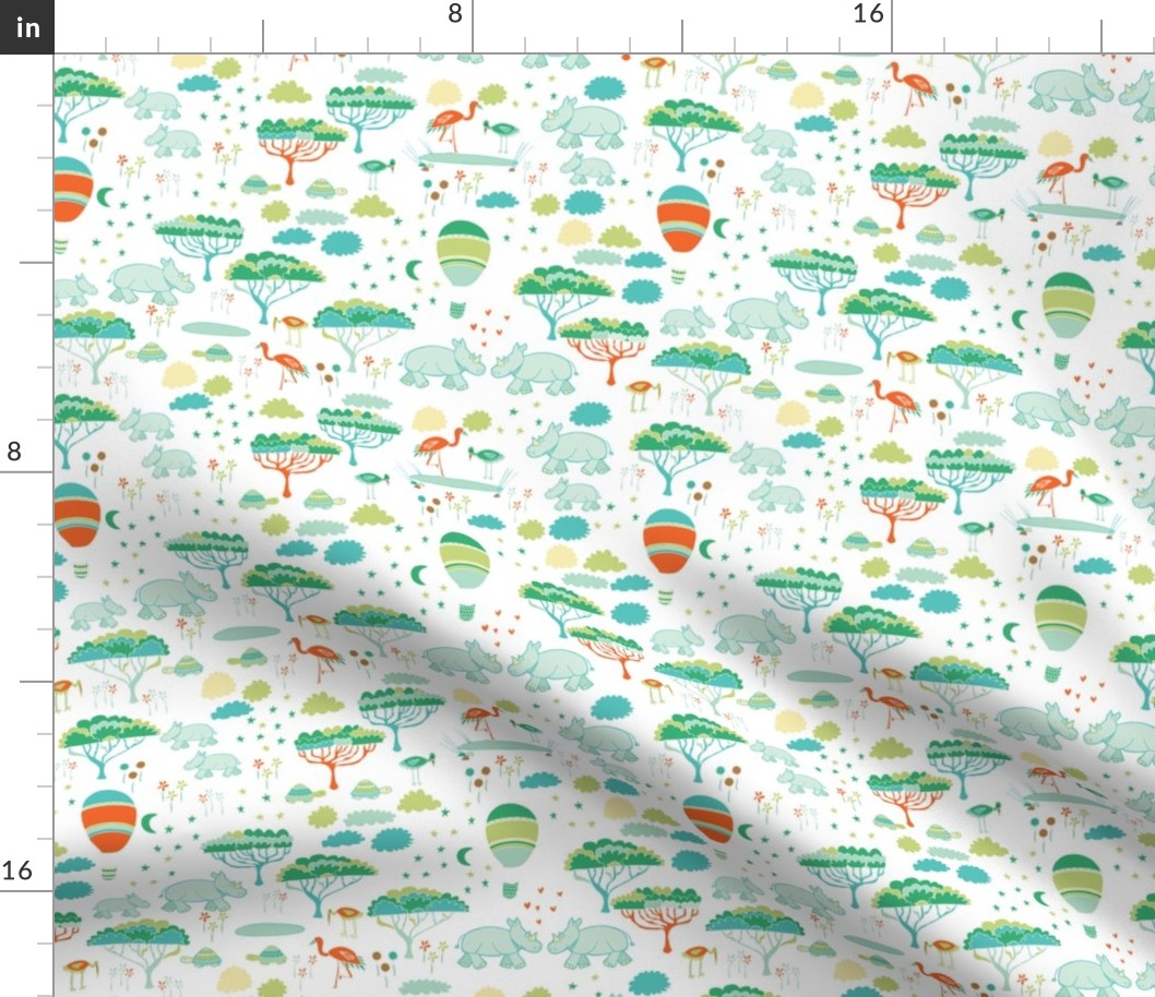 Rhino Safari  || Hand Drawn Rhinos, Flamingos and tortoise on White by Sarah Price Small Scale