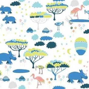 Rhino Safari  || Hand Drawn Rhinos, Flamingos and tortoise on White by Sarah Price Small Scale