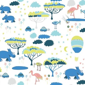 Rhino Safari  || Hand Drawn Rhinos, Flamingos and tortoise on White by Sarah Price Medium Scale