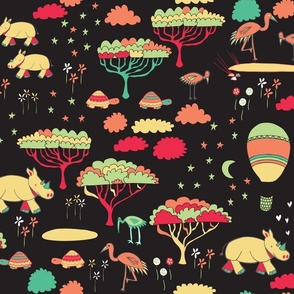 Rhino Safari  || Hand Drawn Rhinos, Flamingos and tortoise on Black by Sarah Price  Medium Scale