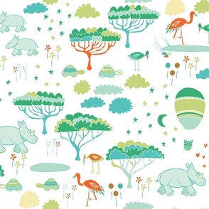 Rhino Safari  || Hand Drawn Rhinos, Flamingos and tortoise on White by Sarah Price - Scale