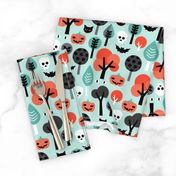 Crazy halloween pumpkin cat and skull illustration pattern