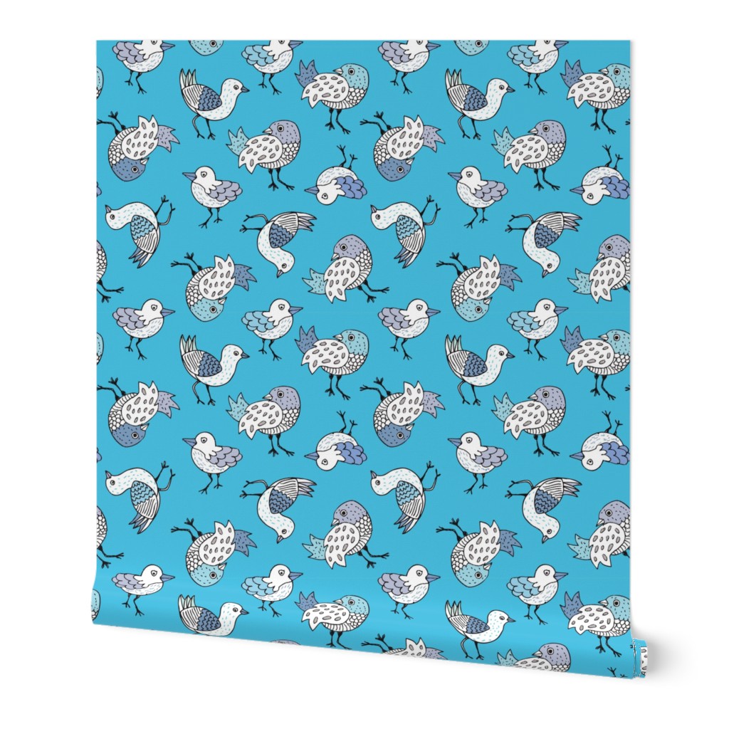 Bright blue sky quirky birds and fun illustrated animals