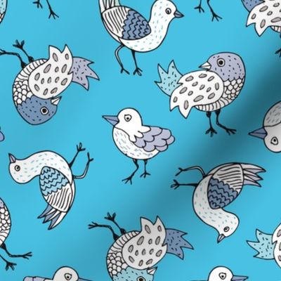 Bright blue sky quirky birds and fun illustrated animals