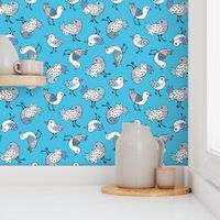 Bright blue sky quirky birds and fun illustrated animals