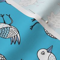 Bright blue sky quirky birds and fun illustrated animals