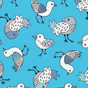 Bright blue sky quirky birds and fun illustrated animals
