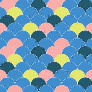 Colourful Scales  || Yellow, Blue and Pink Scallop Print  by Sarah Price
