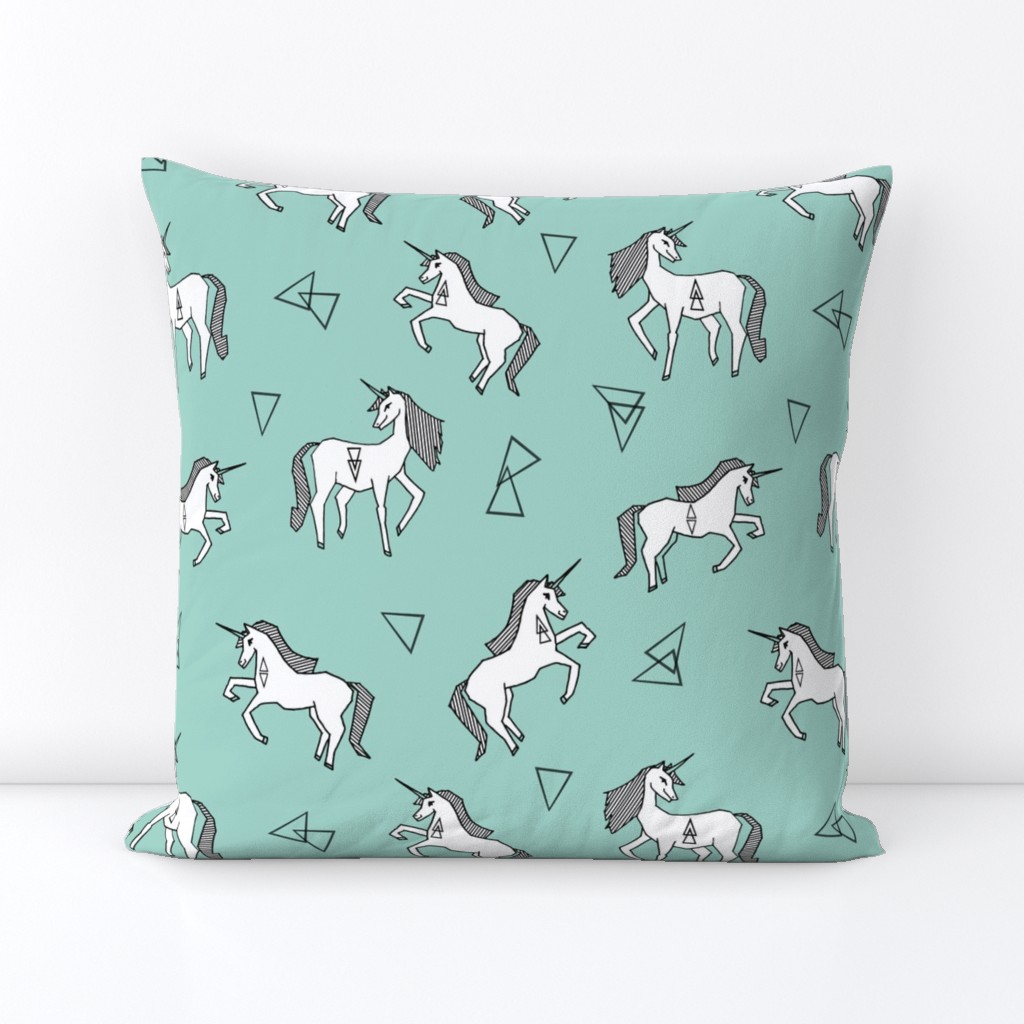 unicorn // mint and white triangles cute girls sweet pastel unicorn fabric