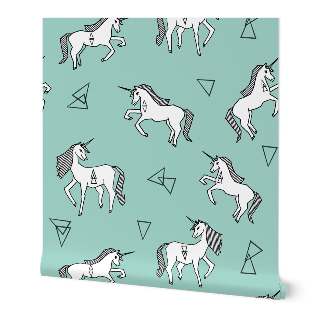 unicorn // mint and white triangles cute girls sweet pastel unicorn fabric