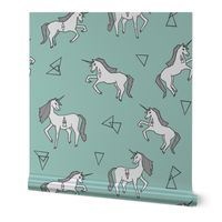 unicorn // mint and white triangles cute girls sweet pastel unicorn fabric