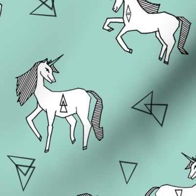 unicorn // mint and white triangles cute girls sweet pastel unicorn fabric