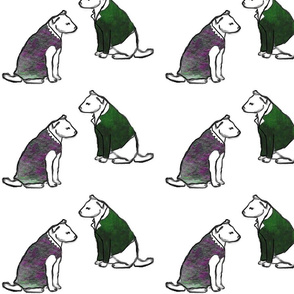 mr & ms dog green coat purple dress