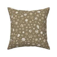 large photographic snowflakes on tan