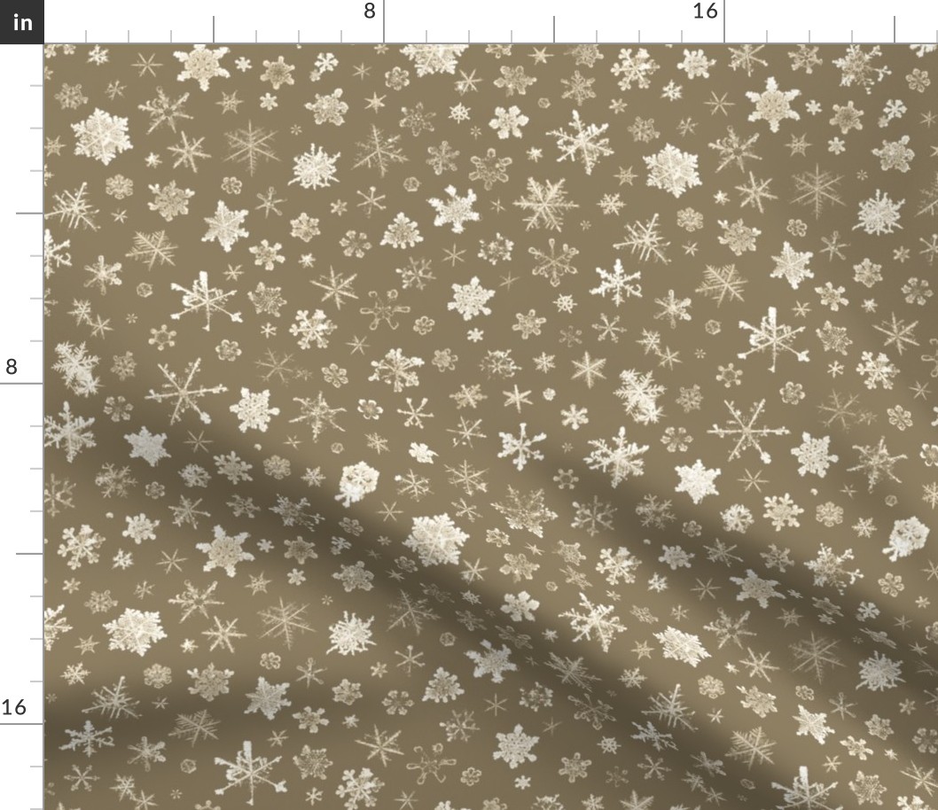 large photographic snowflakes on tan