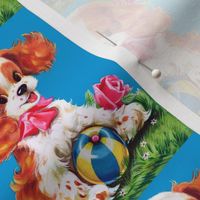  vintage retro kitsch seamless border cocker spaniel puppy puppies dogs ball garden roses kawaii nursery lolita mid century