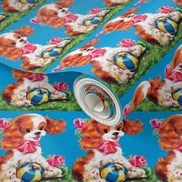  vintage retro kitsch seamless border cocker spaniel puppy puppies dogs ball garden roses kawaii nursery lolita mid century