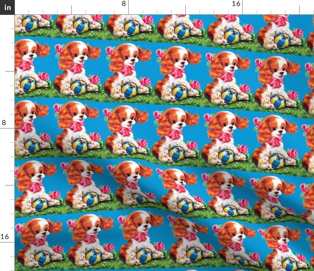  vintage retro kitsch seamless border cocker spaniel puppy puppies dogs ball garden roses kawaii nursery lolita mid century