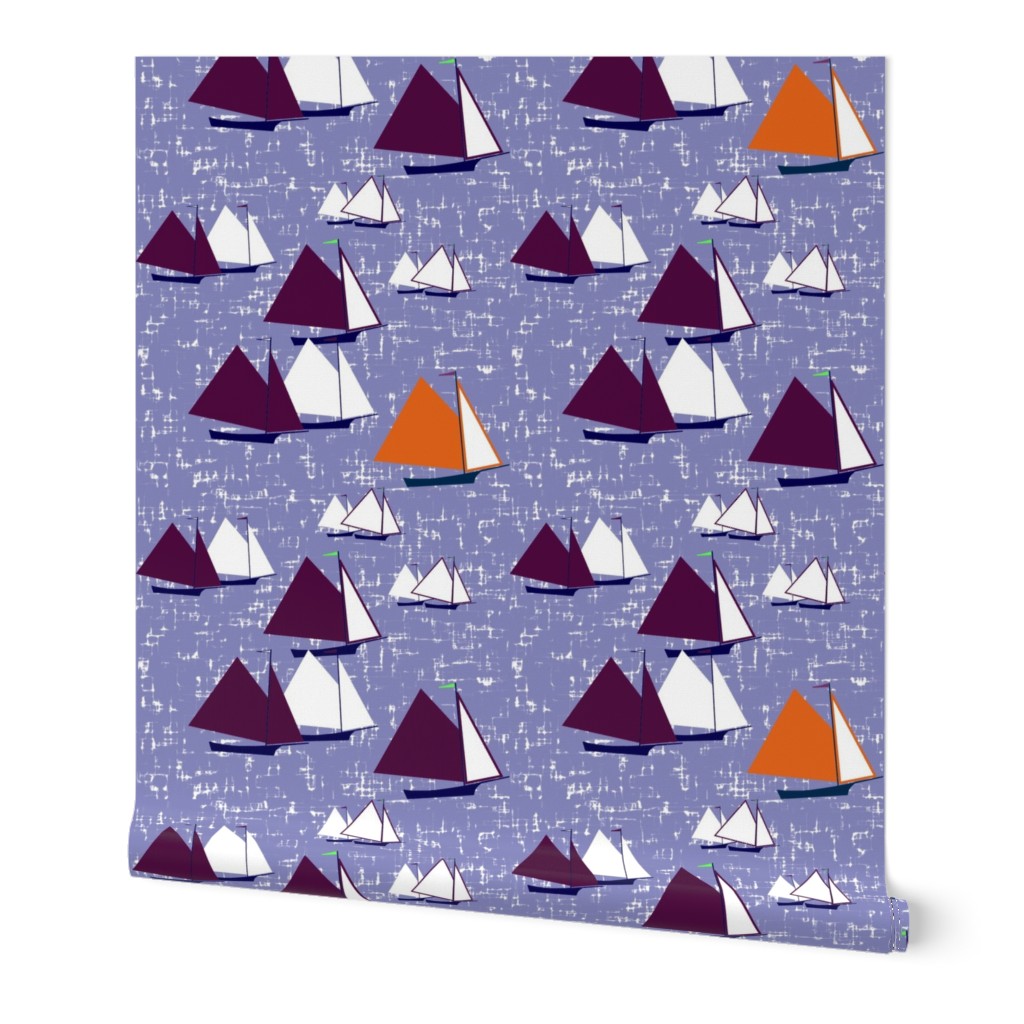 Racing gaff-rigged skiffs, purple + orange on twilight seas by Su_G_©SuSchaefer