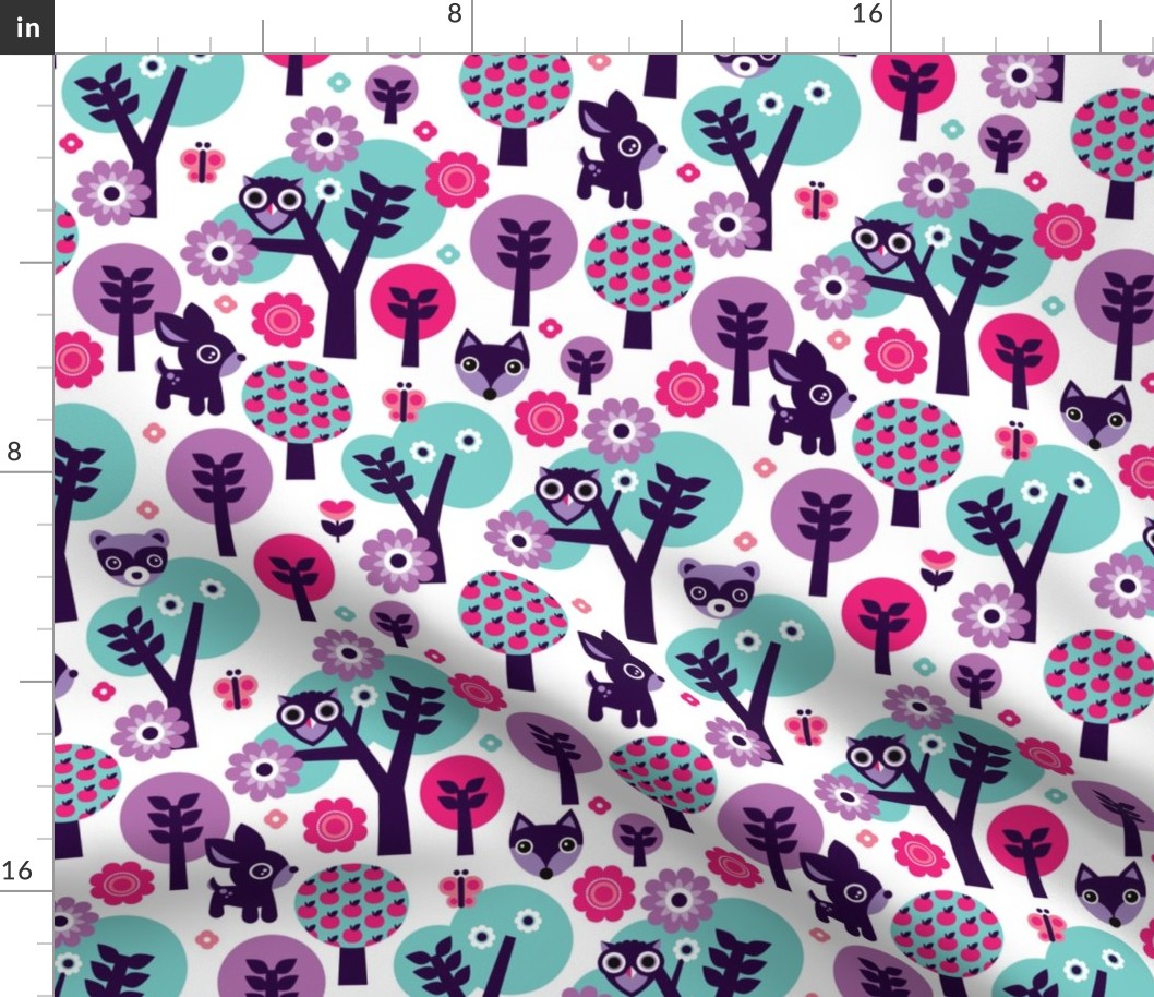 Woodland violet fox deer and owl pattern