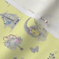 Itty-Bitty Blue on Buttercream Toile hand-drawn fairy tales