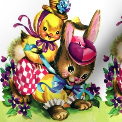  vintage retro kitsch chicks chickens rabbits bunnies bunny hats clowns gardens grass flowers easter Anthropomorphic