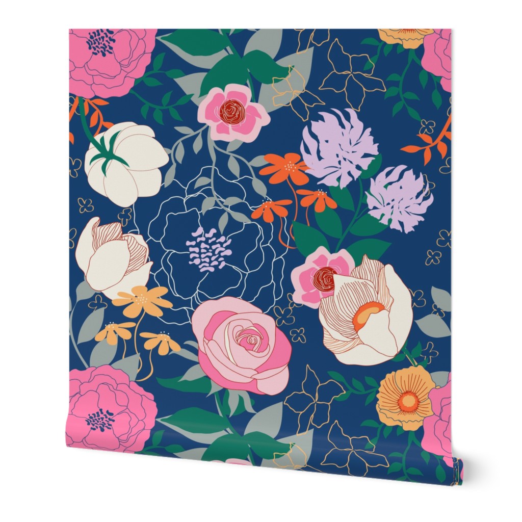 Pink Floral on Navy Blue  by Angel Gerardo - Large Scale