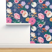 Pink Floral on Navy Blue  by Angel Gerardo - Large Scale