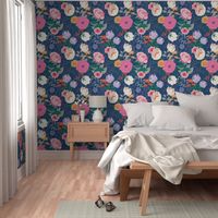 Pink Floral on Navy Blue  by Angel Gerardo - Large Scale