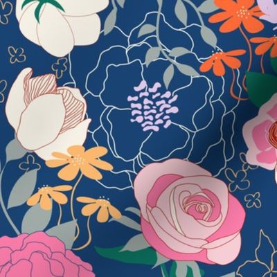 Pink Floral on Navy Blue  by Angel Gerardo - Large Scale