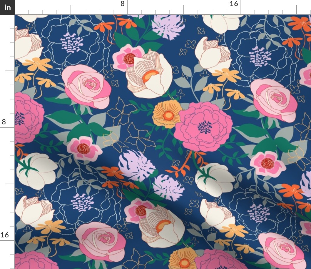 Pink Floral on Navy Blue  by Angel Gerardo - Large Scale